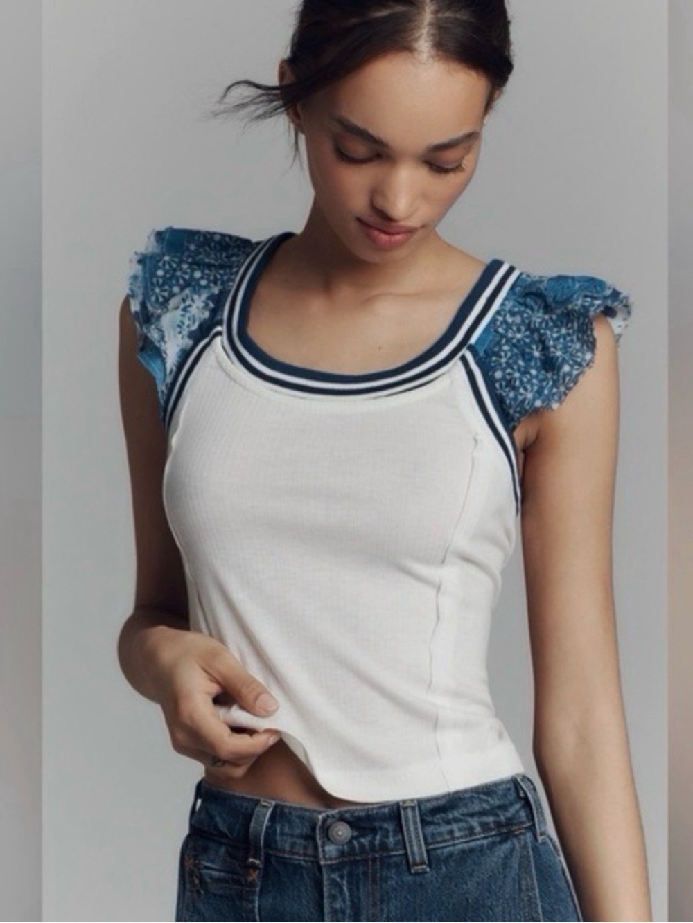 Anthropologie Pilcro White Ribbed Tank with Blue Flutter Sleeves XL NWOT